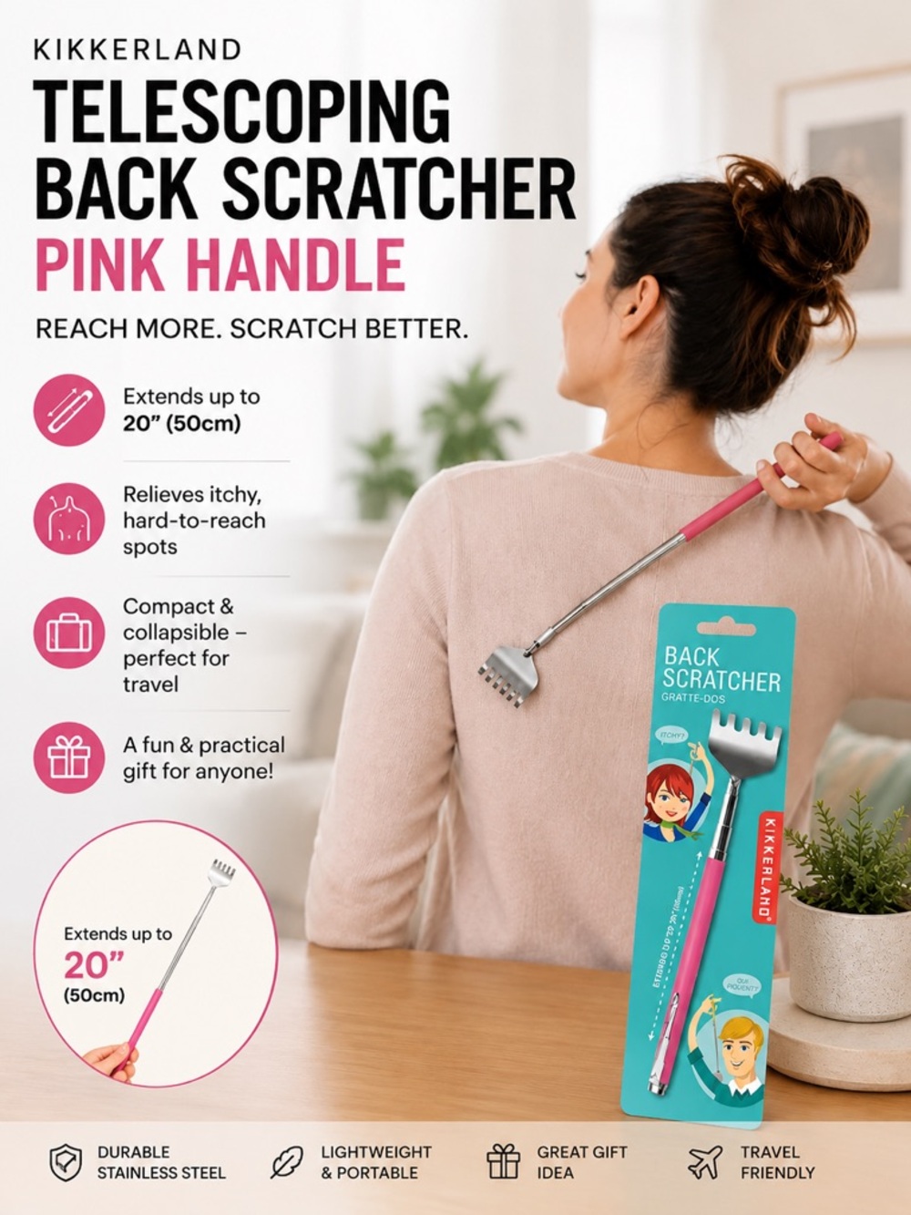 Kikkerland Telescoping Back Scratcher – Pink Handle